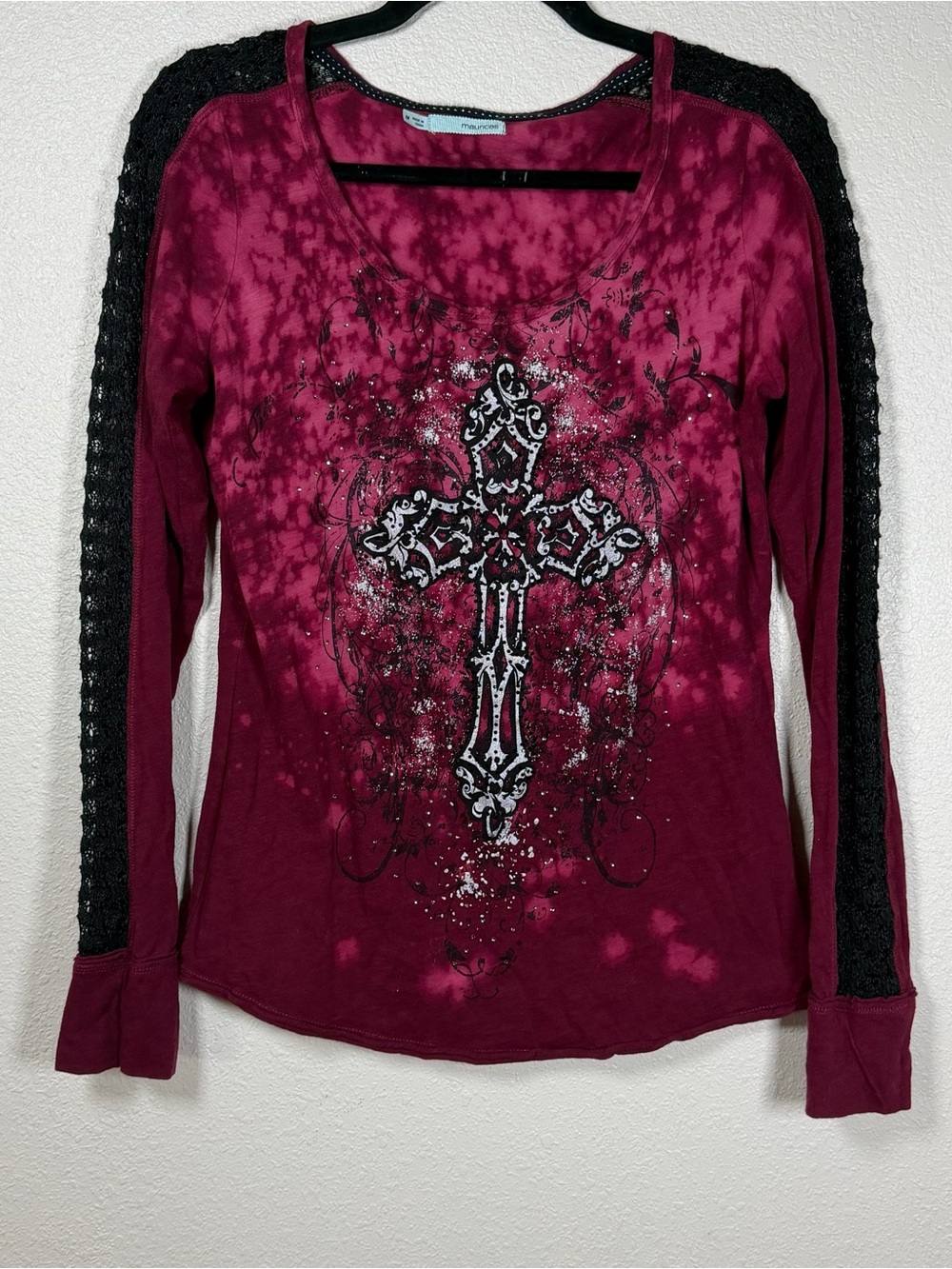 Y2K Grunge Affliction Style Rhinestone Graphic Open Crochet Long Sleeve Top Med
